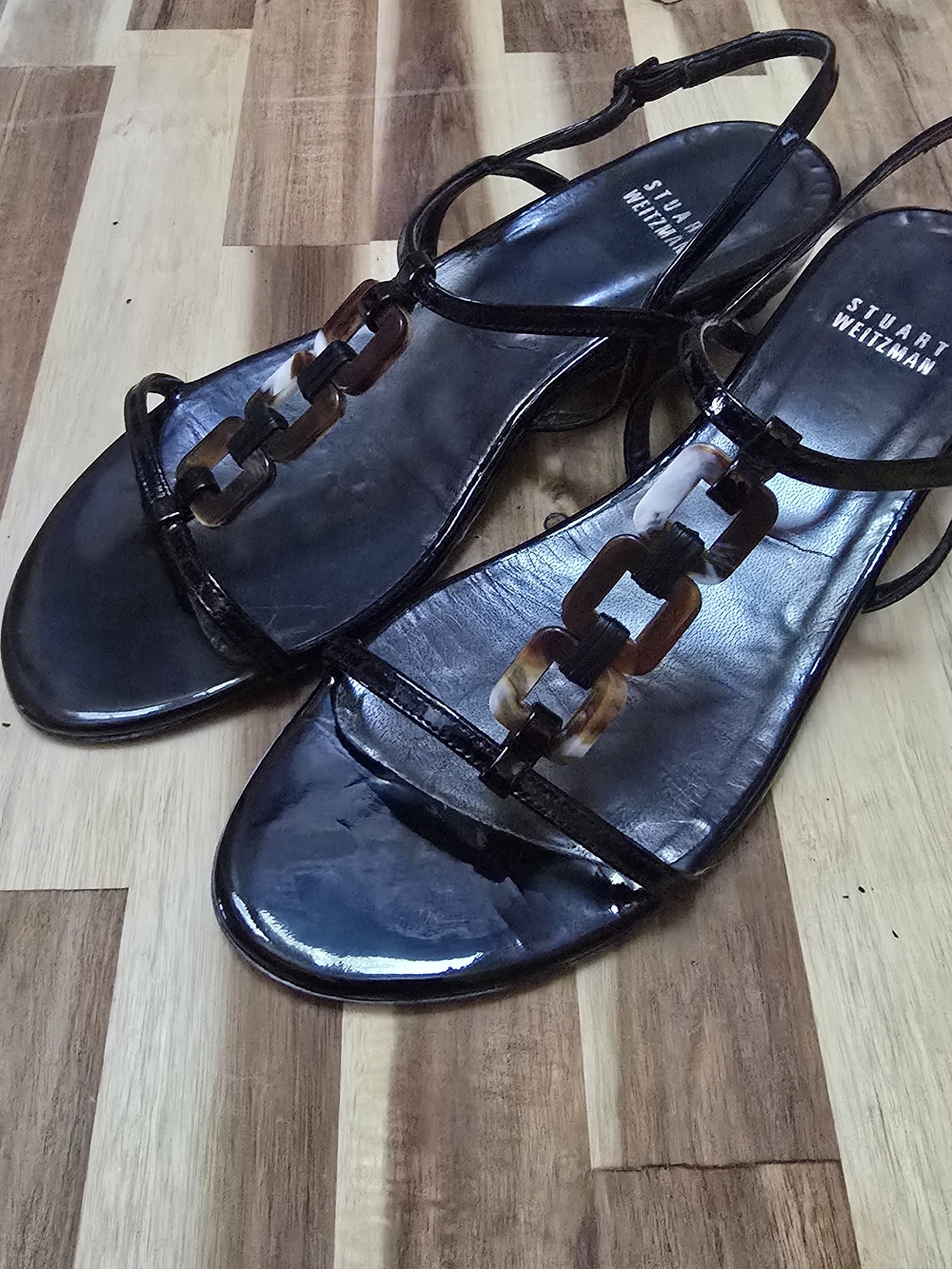 Stuart Weitzman Conchita Sandals with Tortoiseshell Chain Accent